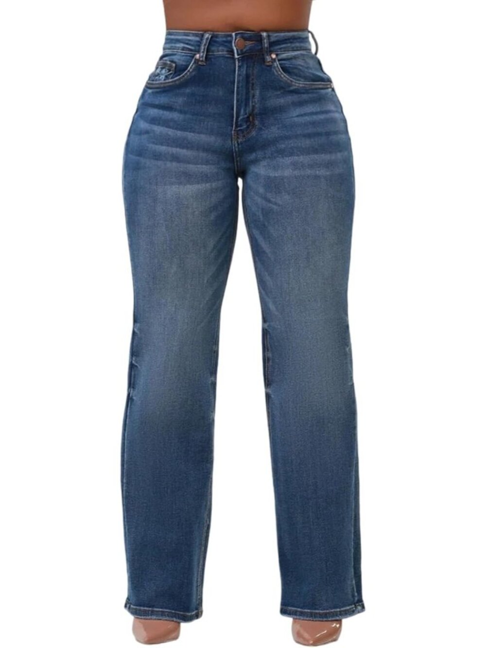 Women's Blue Denim High Waists Y2k Wide Leg Button Running Straight Jeans